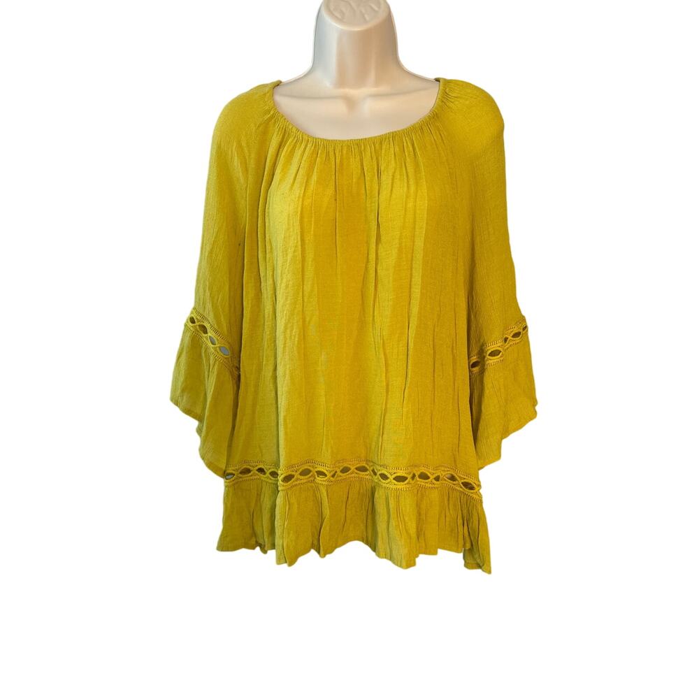 Zac & Rachel Woman Mustard Yellow‎ Bell Sleeve Eyelet Ruffle Blouse 2X